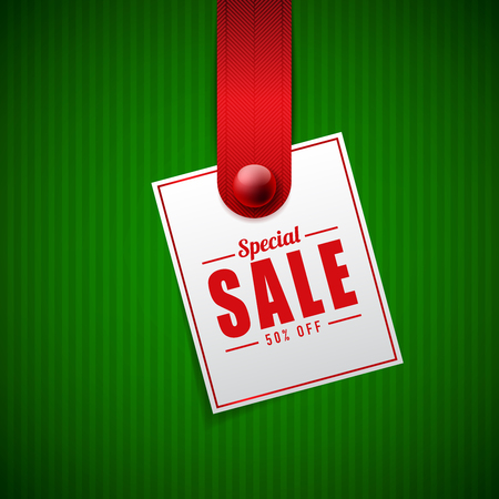 Sale banner in red ribbon concept design on green stribe background,vector illustration.のイラスト素材