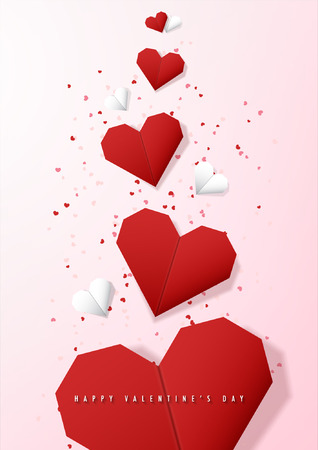Happy valentine's day and love vector card and poster design with origami heart and confetti.Illustration eps10.のイラスト素材