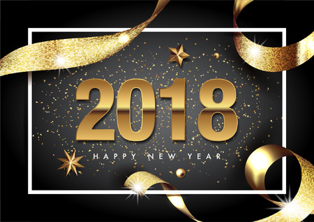 2018 merry christmas and happy new year vector greeting card and poster design with golden ribbon,star and confetti.のイラスト素材