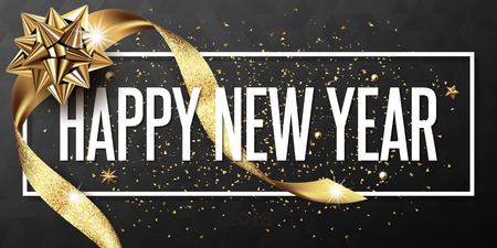 happy new year 2018 vector greeting card and poster design with golden ribbon,star and confetti.のイラスト素材