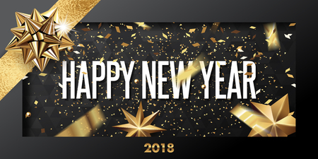 happy new year 2018 vector greeting card and poster design with golden ribbon,star and confetti.のイラスト素材