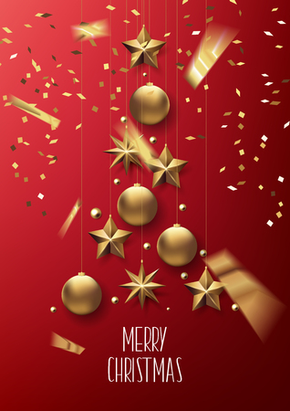 merry christmas and happy new year 2018  vector greeting card and poster design with golden ribbon,star and confetti.のイラスト素材