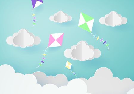 Paper art of beatiful sky with orgami flying kite and clouds.Vector eps10.のイラスト素材
