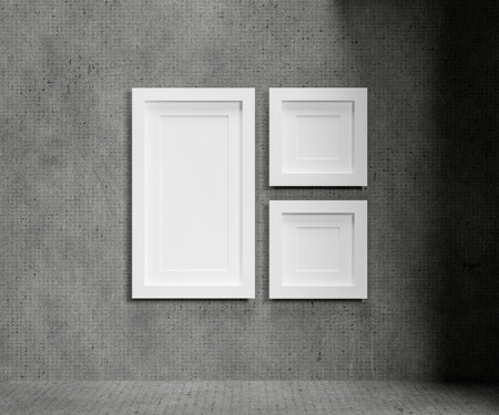Blank art and picture frame on concrete wall with spot light.Interior design for advertising banner concept or media display background.3D render illustration.の写真素材