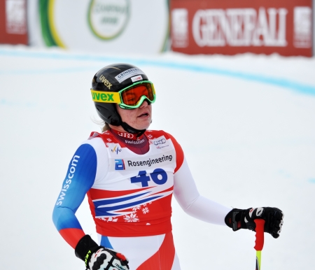 SOCHI, RUSSIA - FEBRUARY 18: Martina Schild competes in the FIS Alpine Ski World Cup 2011/2012 on February 18, 2012 Russia, Sochi, Rosa Khutorのeditorial素材