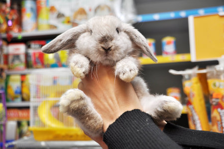 Lop-eared bunny chinchilla coat color in female hands at the pet storeの写真素材