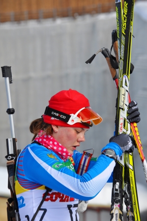 SOCHI, RUSSIA - FEBRUARY 10  Cup of Russia on biathlon in Sochi on February 10, 2012  The combined ski-biathlon complex  Laura  for the  Games 2014  Anna Suraeva  Novosibirsk region のeditorial素材
