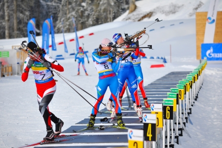 SOCHI, RUSSIA - FEBRUARY 10  Cup of Russia on biathlon in Sochi on February 10, 2012  The combined ski-biathlon complex Laura for the Games 2014  On a firing line  Female prosecution race のeditorial素材