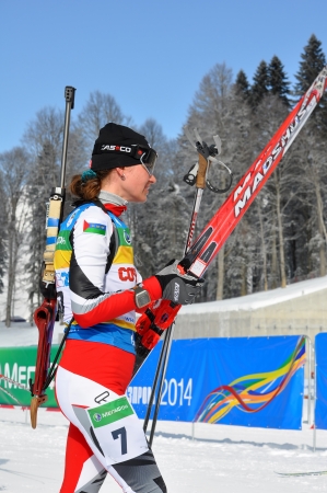SOCHI, RUSSIA - FEBRUARY 10  Cup of Russia on biathlon in Sochi on February 10, 2012  The combined ski-biathlon complex Laura for the Games 2014  Finishing Anastasia Tokarevaのeditorial素材