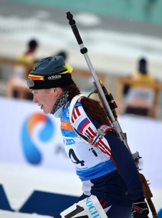SOCHI, RUSSIA - FEBRUARY 9  Veronika Timofeeva competes in IBU Regional Cup in Sochi on February 9, 2013  The combined ski-biathlon complex  Laura   Female prosecution race のeditorial素材