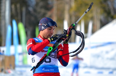 SOCHI, RUSSIA - FEBRUARY 9  Anatoly Oskin competes in IBU Regional Cup in Sochi on February 9, 2013  The combined ski-biathlon complex  Laura   Menのeditorial素材