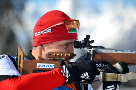 SOCHI, RUSSIA - FEBRUARY 9  Sergey Balandin competes in IBU Regional Cup in Sochi on February 9, 2013  The combined ski-biathlon complex  Laura   Menのeditorial素材