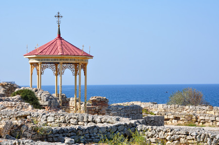 Chapel in Chersonese Taurian in Sevastopol. The inscription in Russian: It was built on the site of christening the Holy Prince Vladimirの写真素材