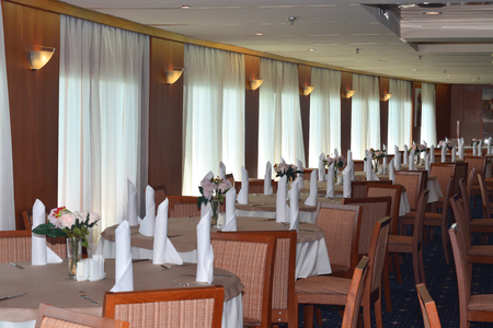 SOCHI, RUSSIA - June 11, 2017: Interior of the restaurant "Riviera" on the cruise liner "Prince Vladimir" on the open deck. The ship today set off for the first flight from Sochi.のeditorial素材