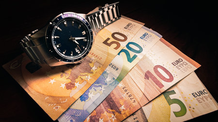 Classic stainless steel watch on european bank notes