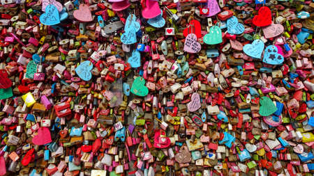 seoul / South Korea - August 18 2018: Hundreds of padlocks on railings to the Seoul Tower in South Koreaのeditorial素材