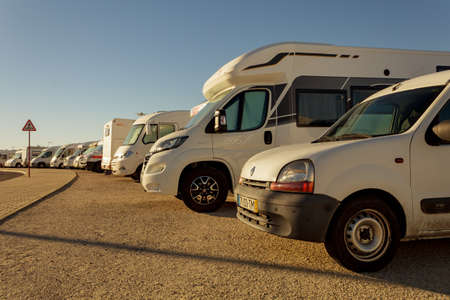 Peniche / Portugal - December 03 2017: Camper vans parked in Peniche Portugalのeditorial素材