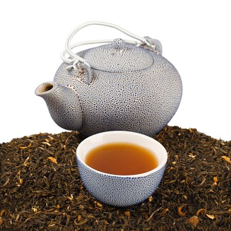 Oriental tea with small pot and cup isolated on whiteの写真素材