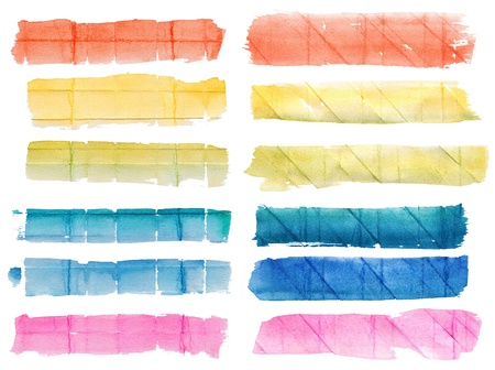 Set of multicolor hand-painted watercolor banners on rough  crumpled paper with different crease patternsの写真素材