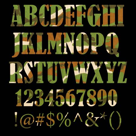 Military camouflage textured ABC containing letters, numbers, signs and symbols isolated on black backgroundの写真素材