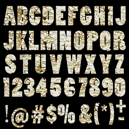 Cracked paint ABC containing letters, numbers, signs and symbols isolated on black backgroundの写真素材