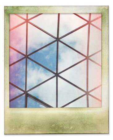 Instant photo of glass roof structure with sky and clouds, isolatedの写真素材