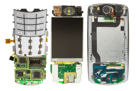 Parts of disassembled cell phone, isolatedの写真素材