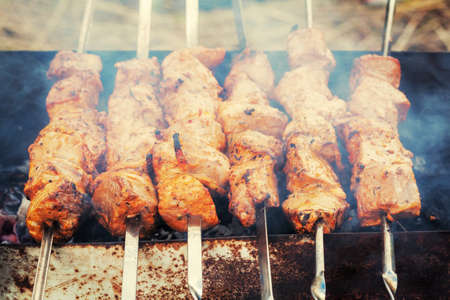 Juicy slices of meat with sauce prepare on fireの写真素材