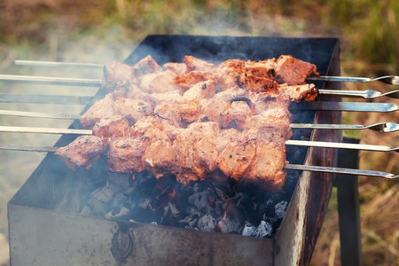 Juicy slices of meat with sauce prepare on fireの写真素材