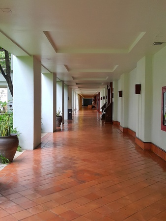 Clay Tile Flooring texture walkway in hotelの写真素材