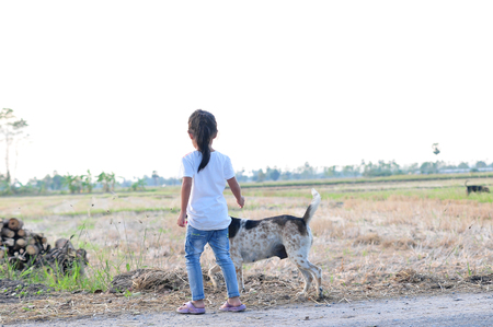 The girl with brown and white dog in the field in rural Thailand. on a background of blurredの写真素材