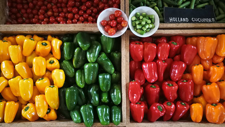 Red,green,orange and yellow bell peppers on a counter in the supermarket. Colorful sweet bell...