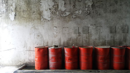 Dirty greasy barrels outside building with grease barrels.Disposed used  oil on cover of barrel and...