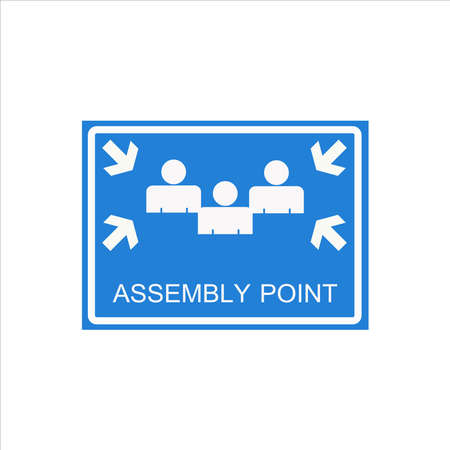 Assembly point sign on blue color backgroundの写真素材