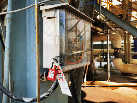 Logout and tag out on local main circuit breaker, Safety first before workingの写真素材