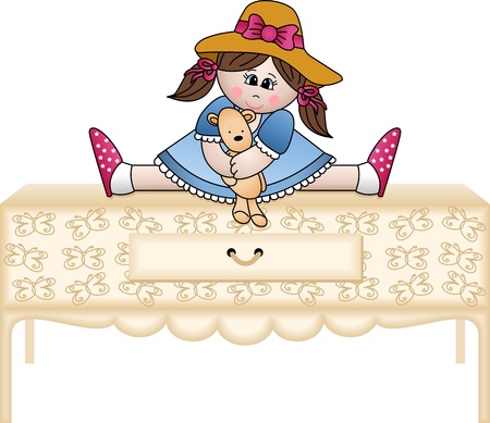 Girl hugging teddy bear on the chest of drawersのイラスト素材