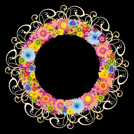 Colorful floral round frame on black backgroundのイラスト素材