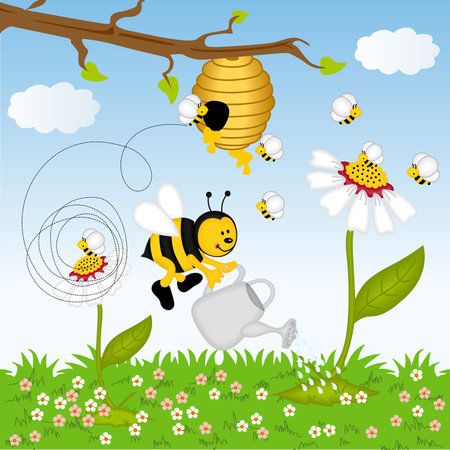 Bee watering flower in the forestのイラスト素材