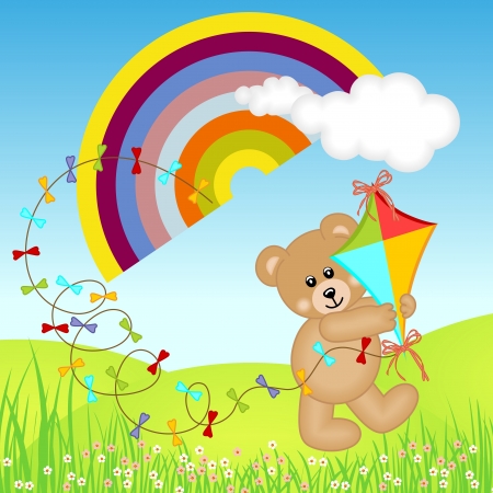 Teddy Bear with Kite Wind on Rainbowのイラスト素材