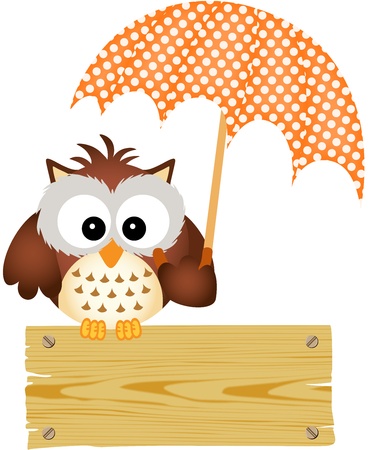 Owl on wooden sign with umbrellaのイラスト素材