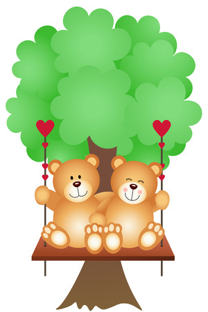 Couple Teddy Bears Swing on a Treeのイラスト素材