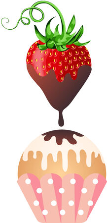Sweet strawberry dripping with warm milk chocolate to cupcakeのイラスト素材