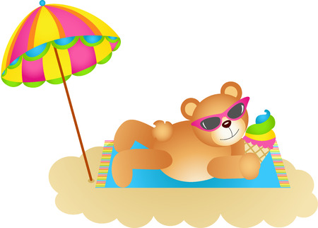 Teddy bear soaking up the sun on a beachのイラスト素材