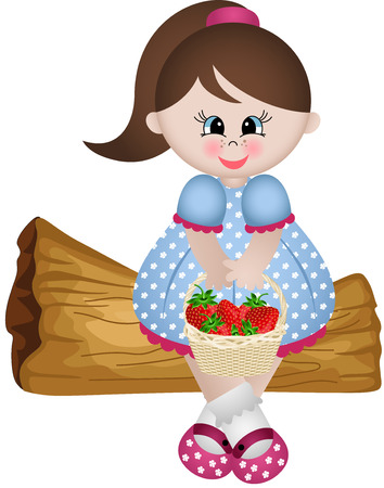 Little girl sitting with basket strawberriesのイラスト素材