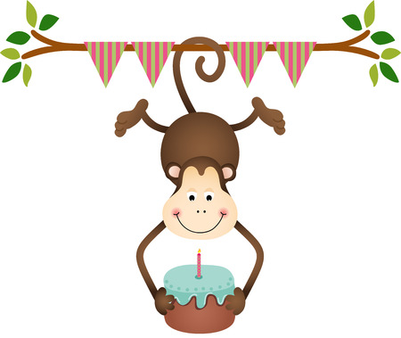 Hanging monkey holding a  birthday cakeのイラスト素材