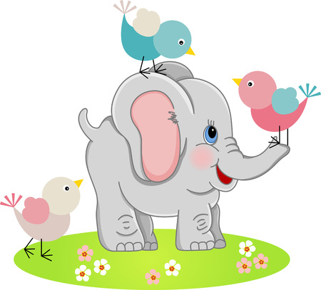 Cute Elephant with a three birdsのイラスト素材
