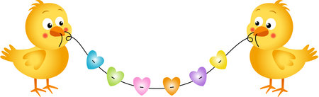 Couple chicks holding a piece of string with heartsのイラスト素材