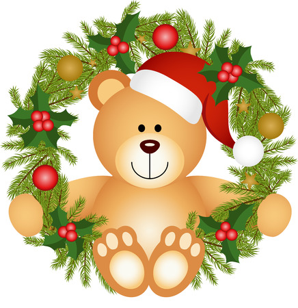 Teddy bear sitting in a Christmas wreathのイラスト素材