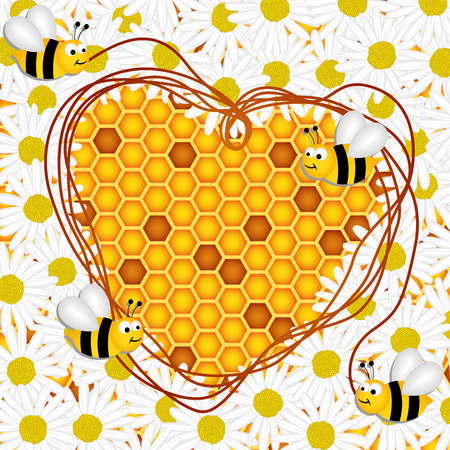 Daisy flowers and honeycomb with bees backgroundのイラスト素材