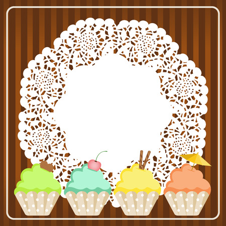 Cupcakes on lace paper backgroundのイラスト素材
